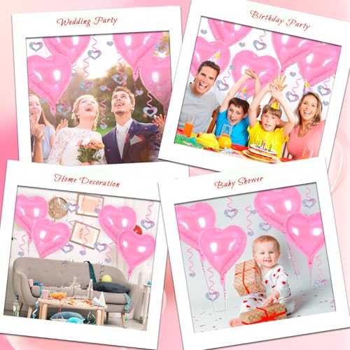 Image of 24 Pcs Pink Heart Balloons, 100 Pcs Heart Hanging Streamers, 18 Inch Heart Foil Balloons Valentine's Day Balloon Love Balloon for Valentines Day Proposal Wedding Party Decorations