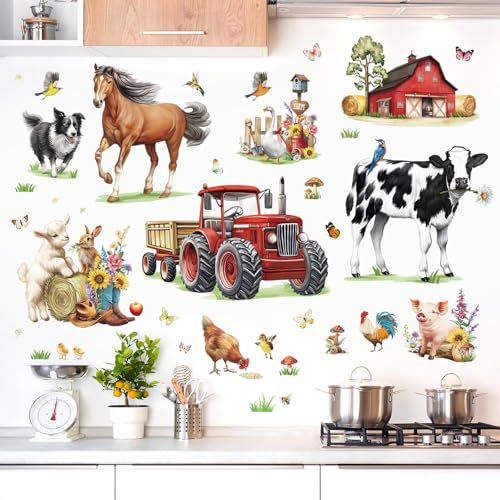 decalmile Stickers Muraux Animaux de la Ferme Autocollant Mural Cheval Vache Mouton Tracteur...