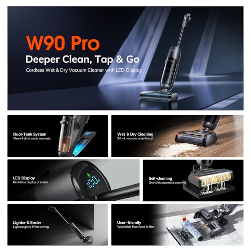Image of ILIFE W90 Pro Handheld Vacuum Cleaner, Dry & Wet, Larger Dual Tanks, Powerful Suction, One-Click Self-Cleaning, Real-time LED Display, Noise-Reduction & Shock-Absorbing, Washable Floor Head & Filters