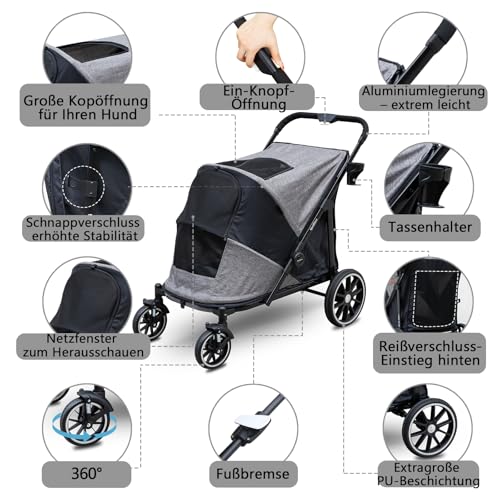 Quolliter Hundewagen Ein-Taste-Zusammenklappung Hundebuggy bis 50kg Hundewagen Große Hunde Katzenwagen für 2 Große Katzen 360° Verschleißfeste Gummiräder Netzfenstern