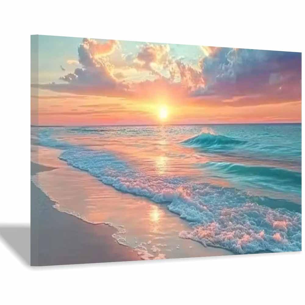 QUSAAOU Wandbilder Wohnzimmer Sonnenuntergang Ozean Welle Sandstrand Meer Strand Wand Deko Vlies Leinwand Bilder Wanddeko Wohnzimmer Schlafzimmer Kunstdrucke Panoramabild(Pink)-30x45cm1 Gerahmt