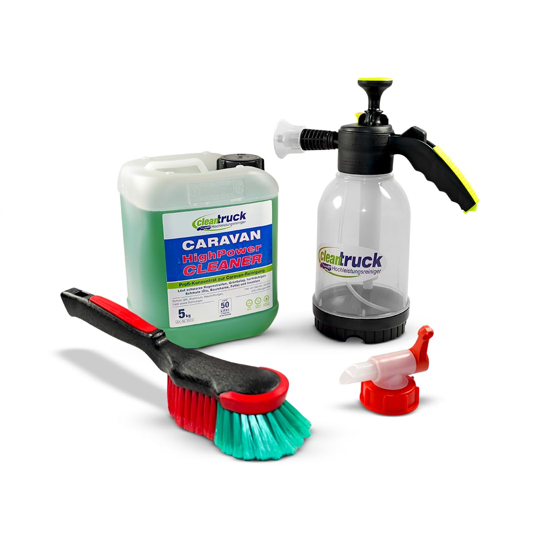 cleantruck Starter Kit Caravan - Professionelles Caravan Reiniger Starter-Paket gegen Regenstreifen & Grünbelag - inkl. Schaumsprüher, Zapfhahn & Felgenbürste