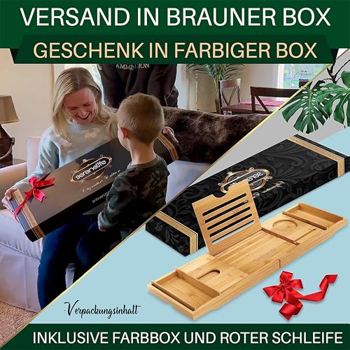 SereneLife 2-in 1 Ablage als Badewannenablage & Betttisch – Klappbares Badewannentablett Länge & Höhe Verstellbar – Wasserdichtes Betttablett für Bett & Badewanne – Robustes Sofa Tablett aus Bambus
