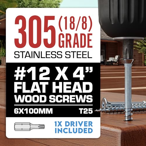 Image of #12 x 4 Inch Stainless Steel Deck Screws | 305 Grade (1000 Pack) | Flat Head T25 Star Torx Drive | Stainless Steel Screws by Eagle Claw Fasteners | Corrosion & Rust Resistant (Includes Driver Bit)
