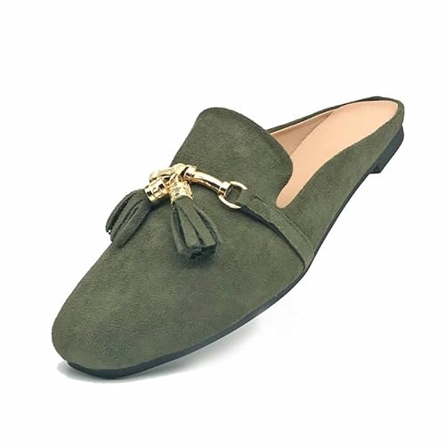 Starella Mules for Women Flats Slip On Loafers Open Back Shoes Mules Slides Fringe Army Green EU38/US 7