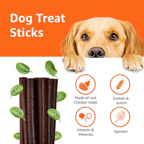 Image of Amazon Basics Dog Treat Sticks 140 gm, Chewy Meat Sticks for Adult Dogs and Puppies, High Protein Dog Treats for Training and Snacks, Made of Real Chicken Meat, Ziplock Pack, Spinach Flavor
