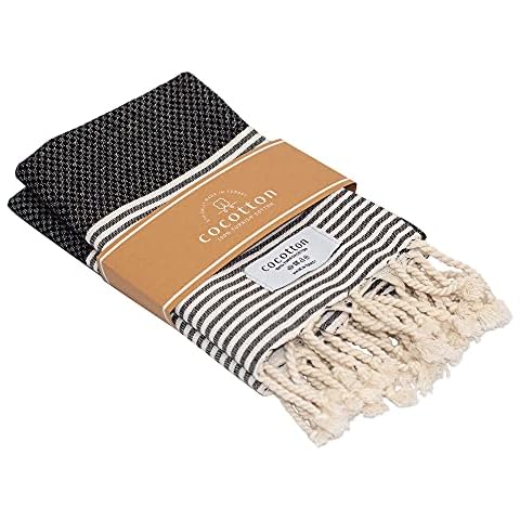 COCOTTON Boho Striped Turkish Hand Towels Set of 2 | 100% Cotton, 16 x 40 Inches | Decorative Bathroom Hair Face Gym Yoga Dishcloth Tea Kitchen Light Weight Quick Dry Farmhouse Towel (Black) Cover