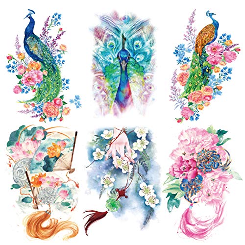 Oottati 6 Sheets Large Women Arm Watercolor Beauty Fantasy Peacock Tail Feathers Flower Pink Flower Fan Temporary Tattoo Stickers