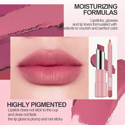 Nude Pink Lipstick Lip Liner Set, Matte Soft Pink Lipliner Long Lasting Waterproof Lip Stick, Silky Smooth Full-Coverage Highly Pigmented Lipsticks Lip Line Pencil Set, Gift for Women - Image 3