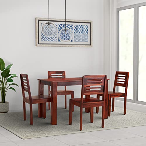 Image of Amazon Brand - Solimo Solid Sheesham Wood Tuvalu 4-Seater Dining Table with 4 Chairs | Durable Wooden Furniture for Dining Room, Kitchen & Home (Honey Finish)