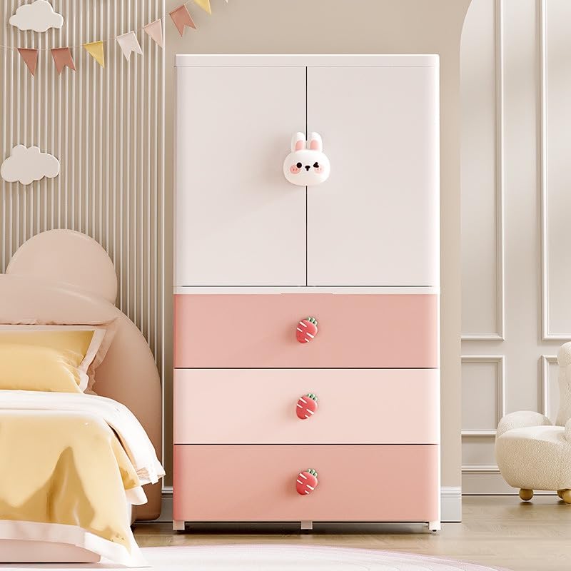 Image of Portable Collapsible Wardrobe for Kids Plastic Storage - Cloth Organizer Cupboard /Multipurpose Storage /Closet for Bedroom /Living Room /Easy to Assemble Room & Home (Pink Rabbit)