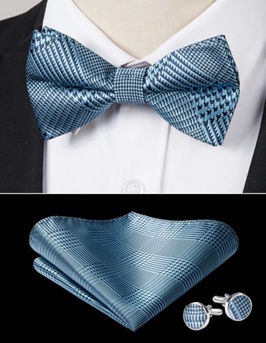 Image of HISDERN Mens Plaid Bow Tie Set Pocket Square and Cufflinks Bowtie