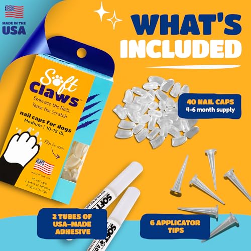 Image of Soft Claws Dog Nail Caps, 40 Medium Nail Caps, Made in USA - Vet Developed, Safe & Non-Toxic Easy to Apply Claw Covers | Protects Furniture & Skin, Pink Sparkle
