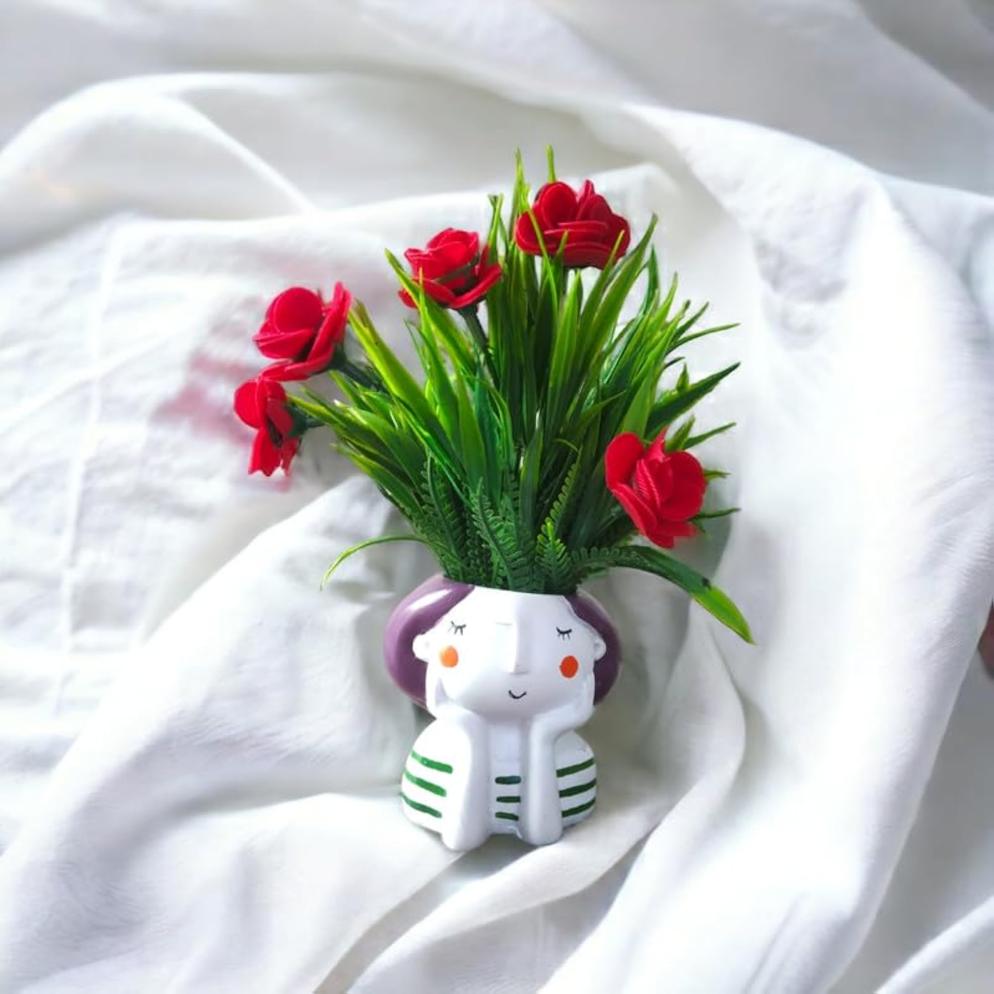 Blue Thinking Girl Pot with Green Grass and Red Rose, Artificial Plant