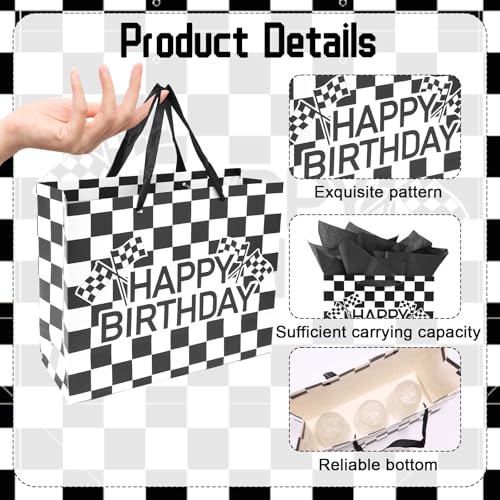 BOXOB Rennauto Geschenktüte, Geschenktüte Rennauto Geschenktüten mit Grußkartenumschlägen Schwarz Weiß Kariertes Sydney Papier für Geburtstagspartys