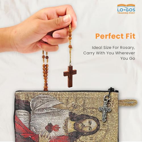 Image of TREE OF LIFE REV. 22:14 Catholic Rosary Pouch, 4 inch x 6 inch Jewelry & Coin Purse with Cross, Small Woven Tapestry Icon Bag, Bolsa de Rosario Catolico para Joyeria, Sacred Heart of Jesus & The Lord's