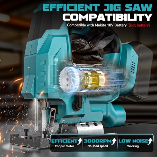 Image of Ecarke Cordless Jig Saw Compatible With Makita 18V Battery, 4 Orbital Sets, 6 Variable Speeds Control, Dust-Blowing, ±45 Bevel Cuts, LED Light and 6PCS Blades For Straight Curve Cutting, Tool Only