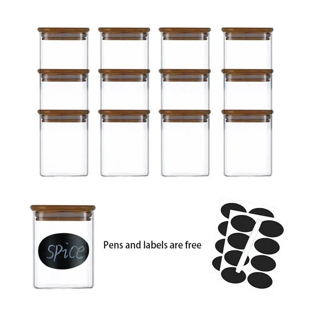 12-teiliges Set von quadratischen/runden Gewürzgläsern mit Bambusdeckel und Etiketten, Frischhaltedosen für Zuhause, Küchenzubehör (12 Stück quadratisch)