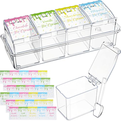 Ferrochef Ice Cream Toppings Bar Kit Ice Cream Bar Supplies 4-cell Clear Acrylic Seasoning Spice Box with Cover and Spoon Chocolate Chips Fruits Storage Container