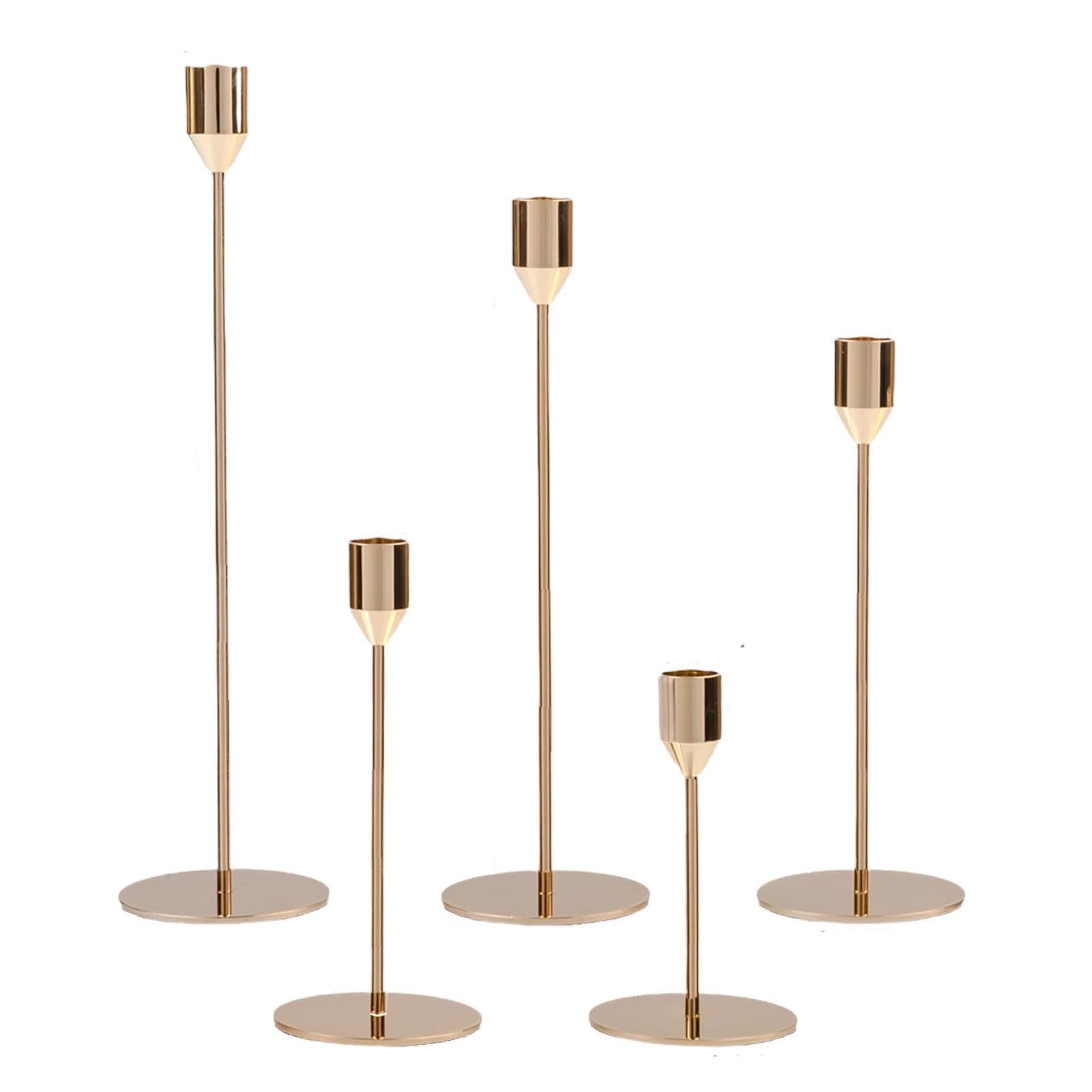 Set of 5 Taper Candlestick Holders, Modern Candle Holders for Table Centerpiece, Easy Assembly, Tall Metal Candle Stick Candle Holder for Mantel Wedding Christmas, Champagne Gold