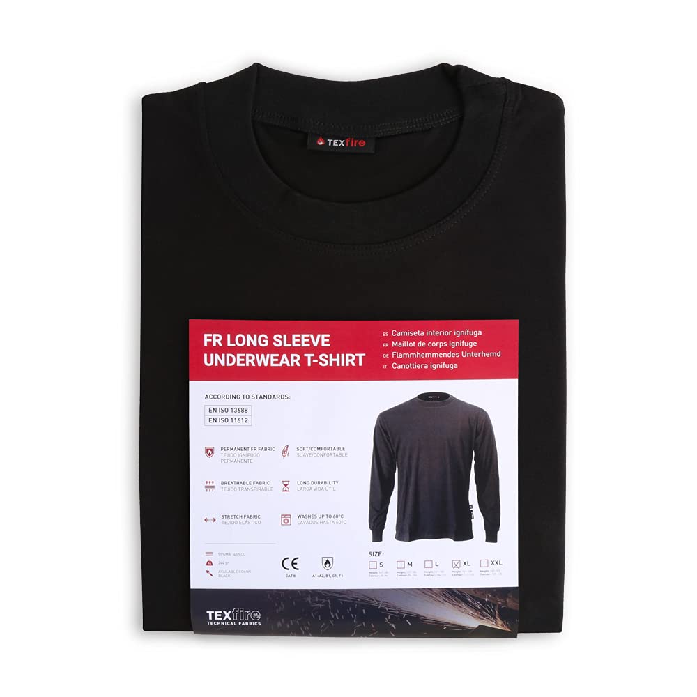 TEXFIRE - T-Shirt à Manches Longues Noir Ignifuge. Protection du Soudeur Contre Le Froid, la Chaleur et Les étincelles de soudage.