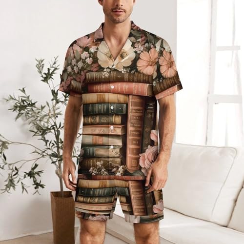 Book Flower Mens Pajamas Set Short Sleeve Sleepwear Summer Pjs Sets 2 Piece Loungewear Nightwear2