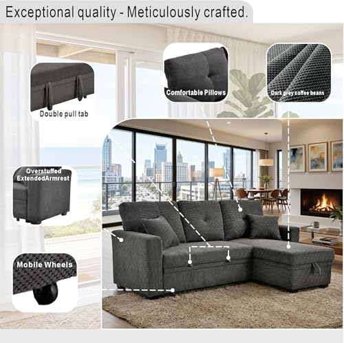Image of KEIKI 71 inch Sectional Sleeper L Shaped Sofa with Pull Out Bed, 3 Seater Sleeper Sofa with Reversible Chaise, Modular Sectional Sofa with Storage for Living Room, Dark Gray