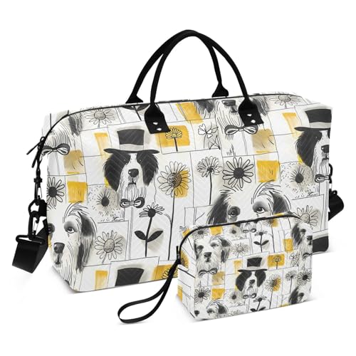 Dog Stitching Background Travel Duffle Bag,Large Weekender Travel Bag for Women Men Waterproof Luggage Bag with Trolley Sleeve,Airplane Travel Essentials for Flying