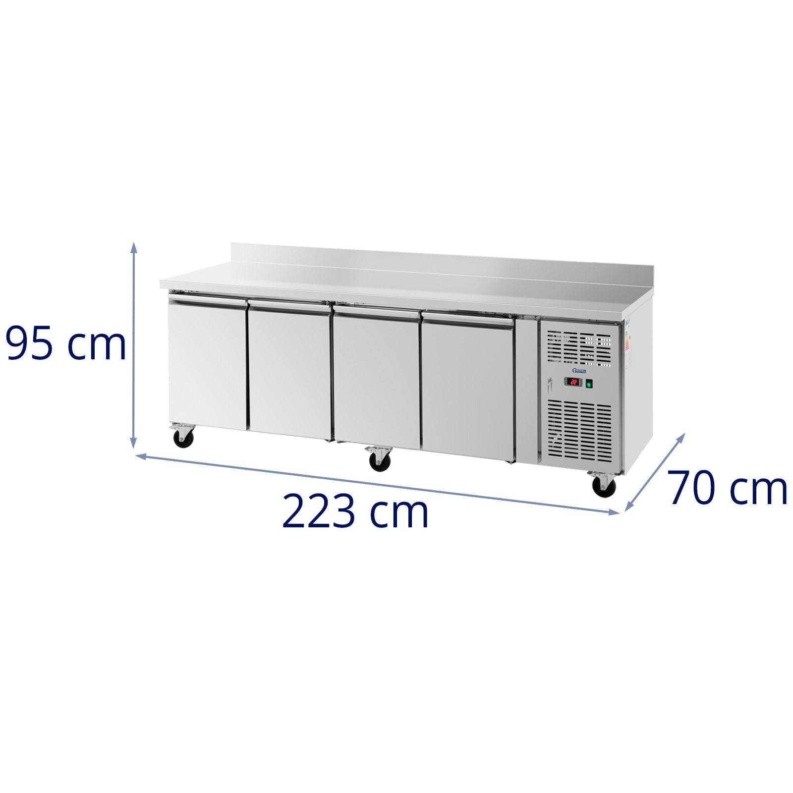 Royal Catering Mesa Refrigerada con Ruedas Volumen de 550 L 4 Compartimentos 223 x 70 cm - Clase B Antisalpique Acero Inoxidable Bajomostrador refrigerado Mostrador con refrigeración para hostelería