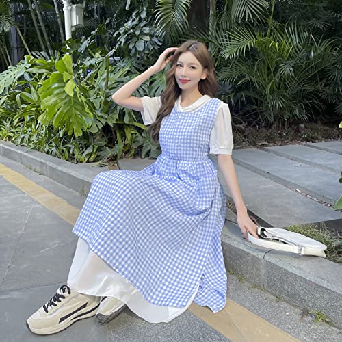 Talibsa Plaid Apron Dress，Japanese Cotton Linen Cross Back Apron For Women With Pockets，Pinafore Dress With Waist Ties (Blue Plaid) #TOP5