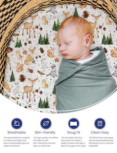Image of TotAha Premium Soft Bassinet Sheet for Boy Girl, Super Stretchy Jersey Knit Bassinet Fitted Sheet, Compatible with Halo, Maxi COSI, Mika Micky, SNOO, and Other Bassinet, 2 Pack (Forest Animals)