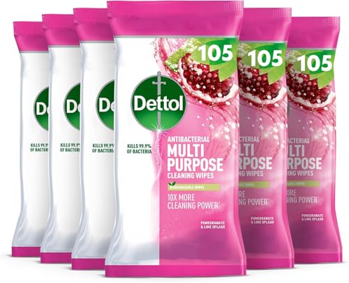 Dettol Antibacterial Multipurpose Cleaning Wipes, Pomegranate & Lime, 630 Wipes (105 x 6pck) Disinfectant, Biodegradable, 10X Cleaning power vs Water alone, Kills 99.9 Percent of Germs