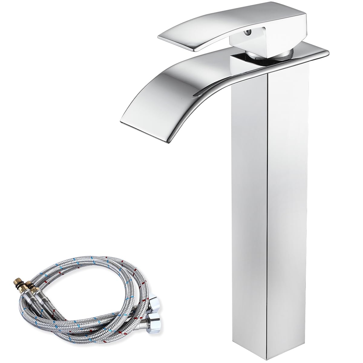 Maynosi Waschtischarmatur Mit Wasserfallauslauf – Hohe Mischbatterie, Quadratisches Design, Chrom, Inkl. Schläuche