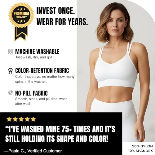 Image of Sports Bra with Sewn in Pads - Non Removable Padded Bralette, Strappy Wireless Bra with Built in Cups