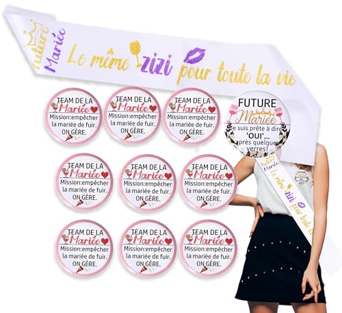 14pcs Kit EVJF Drôle – Écharpe Future Mariée Pailletée + Badge Mariée + 12 Badges Team Mariée avec Phrases Humour – Accessoires EVJF Enterrement Vie...