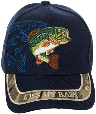 Kiss My Bass Baseball Cap - Funny Fishing Fisherman Gift - Embroidered Hat (Navy Blue, Baseball)