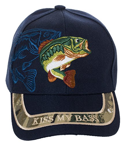 Kiss My Bass Baseball Cap - Funny Fishing Fisherman Gift - Embroidered Hat (Navy Blue, Baseball) #TOP12