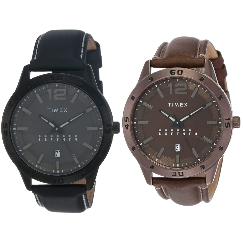 TIMEX Leather Analog Men Grey Dial & Brown Dial (Tw000U935 + Tw000U936) | Rakshabandhan Gifts, Black Band (B07N33R8G9) Amazon Price History, Amazon Price Tracker