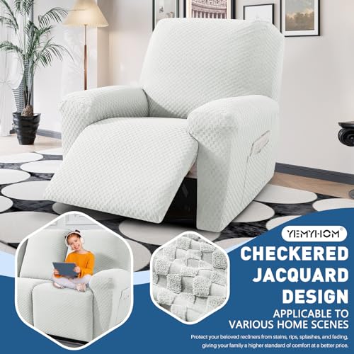 Image of YEMYHOM 4 Pieces Stretch Recliner Slipcover Jacquard Recliner Chair Cover with Side Pocket Anti-Slip Fitted Recliner Cover Couch Furniture Protector with Elastic Bottom (Recliner, White)