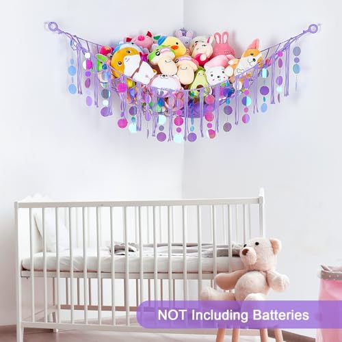 Image of FIOBEE Stuffed Animals Hammock Net Toy Storage Organizer with LED Light, Stuffed Animals Storage Girls Room Decor Wall Hanging with Sequins for Kids Bedroom Nursery Playroom, Purple
