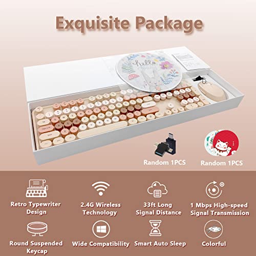 Image of Wireless Keyboard and Mouse Combo, Ergonomic Cute Retro Typewriter Full Size Colorful USB Cordless Keyboard Mouse Set for Gaming and Office (Milk Tea)