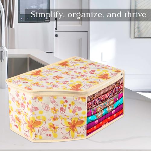 Image of Urbane Home Blouse Cover | Clothes Storage Bag | Zipper Wardrobe Organizers | Non-Woven Clothes Organiser | Side Transparent Blouse Organizer | Red Flower-Design | Pack of 9 | Ivory