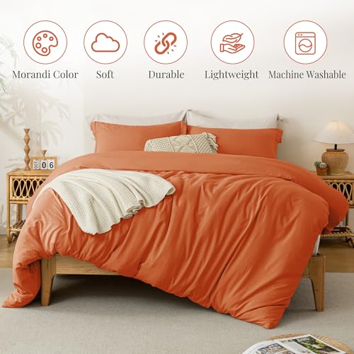 Image of MILDLY Duvet Cover Queen Ultra Soft Comforter Cover Set 3pcs, Burnt Orange | Washed Microfiber Cotton-Like, Breathable Comfort, Hidden Zipper, Corner Ties, OEKO-TEX Certified, Fade Resistant