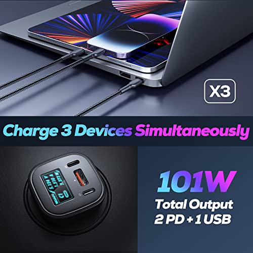 101W Superfast Car Charger Usb C, [All Metal] 2Pd + Qc3.0 Usb Car Cigarette Lighter Usb Charger With Oled Display For Macbook, Laptop, Iphone 14/13/12, Samsung, Google Pixel All Smartphone #TOP3