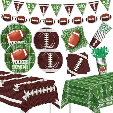 FVABO Football Party Decorations And Supplies, Football Decorations Tableware, Paper Plate, Napkin, Cup, Cutlery, Tablecloth, Banner, Football Birthday Table Decorations, Serves 24 Cover