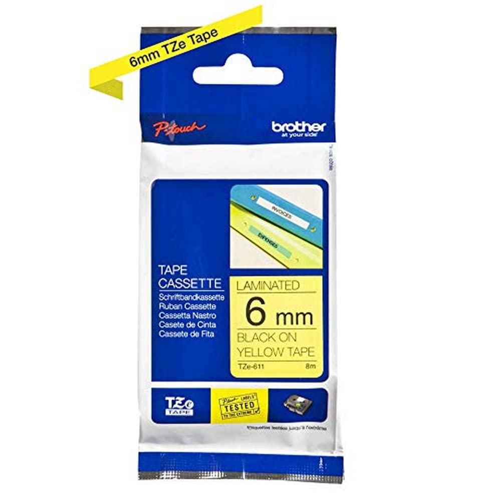 Brother Tze-611 - Nero Su Giallo - Rotolo (0,6 Cm) 1 Cassetta(E) Nastro Laminato - Per Brother PT-D210, D600, H110, P-Touch PT-1005, 1880, P-Touch Cube Pro PT-P910-image