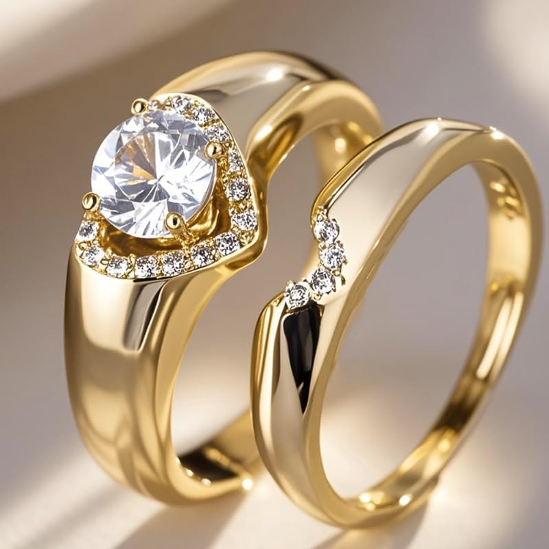 2 Pcs/Set Exquisite Round Zirconia Heart Shaped Ring Set for Women Wedding Engagement Elegant Jewelry