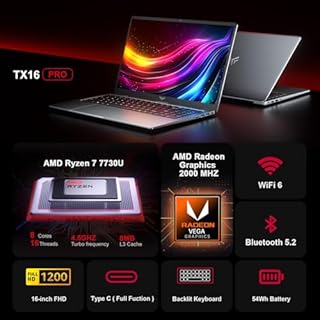 ACEMAGIC 16'' Ordinateur Portable Ryzen 7 7730U(8C/16T,4,5GHz) 8 cœurs avec Boîtier en Métal Clavier Rétroéclairage PC Portables 16Go Ram 1200 FHD DDR4,512Go M.2 SSD,WiFi 6,BT5.2,Type C