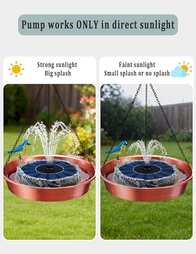 Keygift Hanging Bird Bath with Solar Fountain & Water Pump, 11.5” Antique Copper Finish Metal Birdbath Bowl, Rock Design & Solar Panel – Outdoor Garden Decor Yard Art — view 6