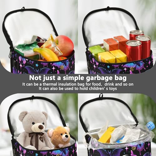Image of MNSRUU Car Trash Can with Lid, Neon Purple and Bats Stars and Moons Car Trash Bag Hanging Organizers and Storage for Front Back Seat, Leak-Proof Trash Bin